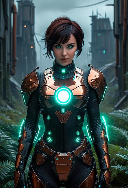 (masterpiece, ultra-detailed, best quality), 1girl, A futuristic sci-fi female character inspired by the elegant silhouette of a Victorian dress, reimagined as a cybernetic battle suit. She has a round face with a grin. She has metallic copper colored eyes. Her black pixie cut hair has a metallic copper streak and partly covers one eye. The outfit is mostly copper and jade, detailed with metallic ((copper and jade)) elements, including visible pistons, reinforced plates, energy conduits, and intricate mechanical patterns. Her design emphasizes advanced technology, with glowing blue cyan accents and a sleek, functional aesthetic. She stands in a post-apocalyptic cityscape filled with crumbled buildings, overgrown evergreens, holly. The landscape is dusted with snow. The atmosphere is somber yet empowering, illuminated by natural light with focused highlights that reflect off the metallic components, creating a sharp contrast against the muted gray and green tones of the environment. The setting conveys despair but also determination to fight and survive. Style influences: Greg Rutkowski, Artgerm, WLOP. High detail, ultra-realistic textures, sharp focus, cinematic lighting, sci-fi themes, post-apocalyptic aesthetic, SilverPulse