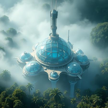 aerial view, a futuristic masive 3d multiple glass domes pipes and tower,research complex in a bright foggy jungle, hard lighting,