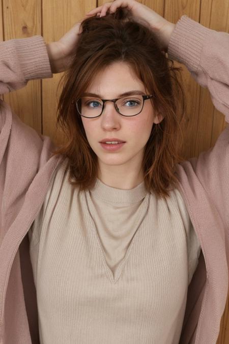 too cute to be true, 18 years old,  close-up, messy hair, (exposed breasts), baggy clothes, armpit, irish ginger
