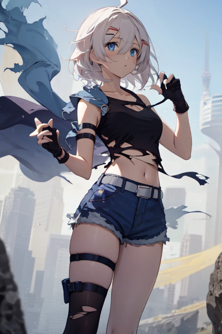 KianaWoA, 1girl, solo, short hair, blue eyes, shirt, hair ornament, gloves, navel, hair between eyes, bare shoulders, medium breasts, collarbone, white hair, ahoge, shorts, sleeveless, black gloves, hairclip, midriff, belt, fingerless gloves, crop top, torn clothes, kneehighs, black shirt, short shorts, sleeveless shirt, thigh strap, denim, blue shorts, denim shorts, torn shirt