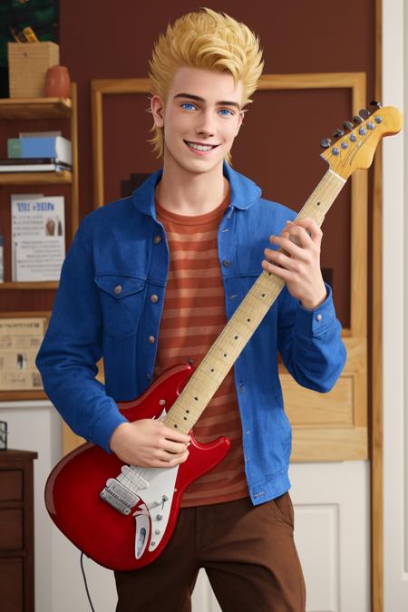 masterpiece, best quality, sam sdv, 1boy, solo, blonde hair, holding electric guitar, blue jacket, sneakers, indoors, brown pants, playing instrument, smile, red shirt, spiked hair, blue eyes