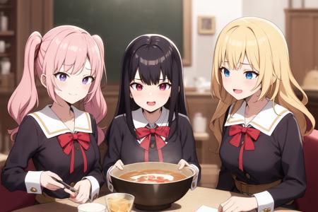 <lora:FoodGen:0.7>
((best quality)), ((masterpiece)), (detailed)
Create an anime image featuring five girls in a magical academy. The girls are all wearing school uniforms, with each uniform reflecting the girl's personality. The first girl has short blue hair and is wearing a blue uniform, the second girl has long pink hair and is wearing a pink uniform, the third girl has curly blonde hair and is wearing a yellow uniform, the fourth girl has black hair in twin tails and is wearing a green uniform, and the fifth girl has long purple hair and is wearing a purple uniform.
The girls are gathered around a large magical cauldron, which is bubbling with a bright pink potion. They are all smiling and laughing as they work together to create the potion. The image should convey a sense of camaraderie and friendship between the girls, with a focus on their unique personalities and the magical world they inhabit.
The overall tone of the image should be bright and cheerful, with a magical and whimsical atmosphere. The image should be of high quality, with attention to detail and shading to create a sense of depth and realism