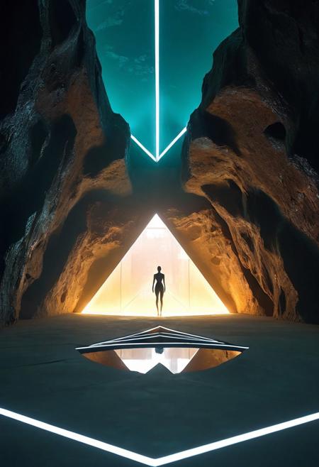 A science fiction scene depicts a vast underground chamber dominated by a massive diamond-shaped window structure with geometric triangle-pattern beams, emitting bright white light from above. The chamber features rough, curved cave walls contrasting with the architectural precision of the window. A solitary silhouetted figure stands centered on a reflective floor surface, while warm orange-lit posts line a path through the space. The scene is rendered in photorealistic with volumetric lighting effects, creating a dramatic atmosphere through the interplay of natural and artificial elements. bright white LED strips that create a geometric pattern against the dark teal sky. Dense fog permeates the scene, partially obscuring a distant building with lit windows. Dark silhouettes of trees frame the composition, while the cool color palette and artificial lighting create a moody, noir atmosphere.