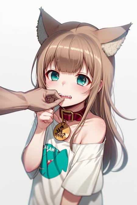 40hara, brown hair, cat girl, 1girl, animal collar, animal ear fluff, aqua eyes, biting, blunt bangs, cat ears, chromatic aberration, clothes writing, collar, collarbone, finger biting, gradient background, red collar, shirt, solo focus, t-shirt, teeth, upper body, white shirt