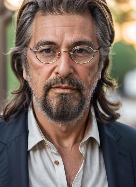 apo1  Portrait photo of  man  in a (button up shirt), full beard, long hair, glasses, intricate, (cloth [orange]), elegant, sharp focus, photo by greg rutkowski, soft lighting, vibrant colors, masterpiece, ((sky)), detailed face
  <lora:AlPacinoOld:.85>