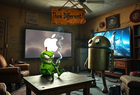 "In a grimy, dilapidated Florida crackhouse, a cartoonish green apple with exaggerated, glaring eyes and twisted limbs engages in a surreal confrontation with the iconic Android logo robot. The apple, seated on a battered, stained coffee table, grins menacingly, clutching a glass pipe. Wisps of smoke curl up from the pipe, drifting through the harsh, flickering light of a massive OLED TV mounted on the wall.
The TV blares an unnervingly vivid Apple computer commercial, its bright visuals casting sharp, unsettling shadows across the room. The walls are covered in grime and graffiti, with peeling wallpaper and broken fixtures. The floor is littered with trash, broken furniture, and empty cans, adding to the squalid atmosphere.
The Android robot, with a rusted, dented exterior and malfunctioning eyes, stands in a defensive stance with twitching antennae. Above the TV, a warped, grimy cardboard sign with 'Think Different!' hangs crookedly. The sign’s jagged, irregular lettering is illuminated by flickering LEDs, casting eerie shadows on the peeling stucco walls.
The air is thick with the stench of mildew and decay, mixed with the acrid smell of smoke from the apple's pipe. The green apple’s glossy skin and the Android’s grimy, rusted body are highlighted by the cold, flickering light, enhancing the bizarre and unsettling scene in this derelict, drug-ridden setting."