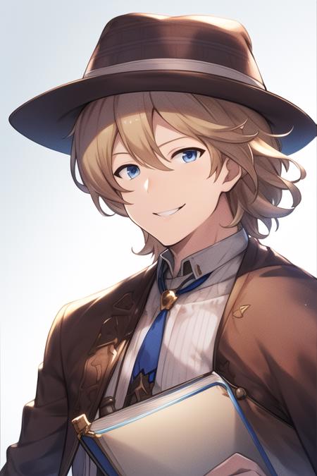 <lora:gbf_Romeo18:0.55>Romeo,(granbluefantasy:0.75),solo,portrait,upper body,male,blonde hair,medium hair,short hair,blue eyes,smile,brown fedora,brown jacket,white shirt,blue bolo tie,holding book