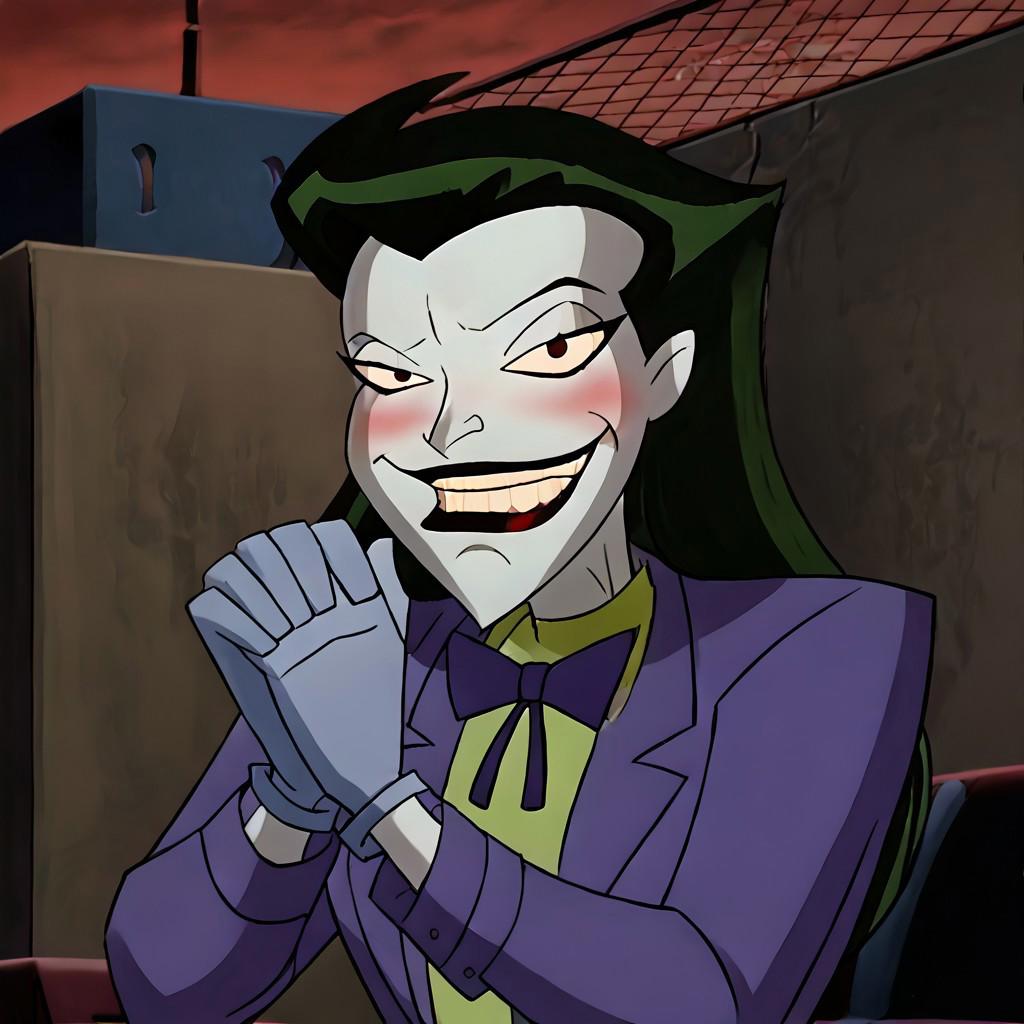 ((Joker)), ((female joker)), woman, 1girl, ((detailed face)), high quality, ((sexy)), (black eyeshadow), smiling, evil, insane, crazy, HD, 8k, cute, full body, resting head in hands, solo, ((long hair)), green hair, ((pretty face)), pretty, ((cute face, sexy, sexy face)), (white skin), purple suit, green shirt, heavy mascara, lidded eyes, long eyelashes, small waist, perfectly proportioned face, hearts, blushing, perfect hands, perfect face, latex, anatomically correct hands, feminine, looking at you, the joker, beautiful