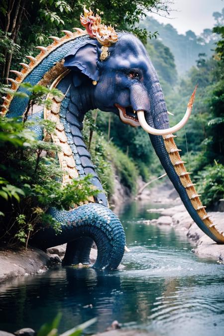 (best quality:1.4), (ultra highres:1.2), (photorealistic:1.4), (8k, RAW photo:1.2),  very high detail,   (himmapan style:1.7),(dragon|elephant|fish:1.4), (in river jungle:1.3)<lora:HimmapanV1:0.7>