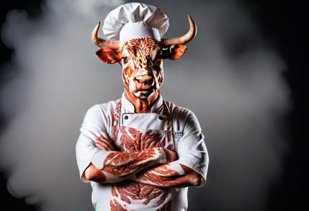 bull cow (made of wagyu), wearing white chef hat, wearing white chef uniform, arms crossed, cinematic movie poster, dark black background, professional photography, dramatic shadows, aura, (fine wisps of smoke:0.8), detailed,