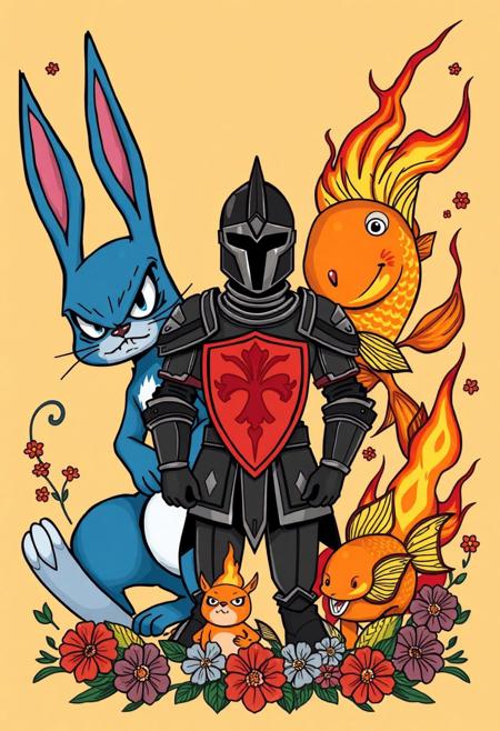 (masterpiece), best quality, expressive eyes, perfect face, vibrant color,
A stylized illustration depicting a fierce blue rabbit and a fire-orange fish against a background of swirling elements. The rabbit, with an angry expression, is situated on the left, while the fish, with a smaller companion below, is on the right amidst flames. In the center stands a knight in black armor, adorned with a red emblem, surrounded by floral motifs and a tan background, contrasting the vibrant colors of the characters.