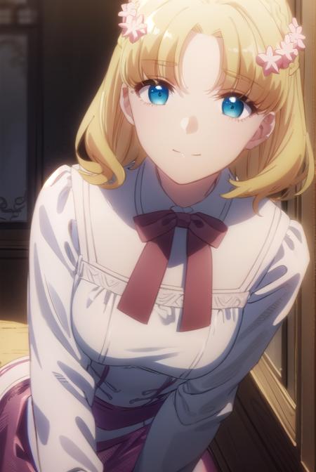 mariacampbell, <lora:maria campbell s2-lora-nochekaiser:1>,
maria campbell, short hair, blue eyes, blonde hair, hair ornament, flower, hair flower, (parted bangs:1.5), smile,
BREAK shirt, long sleeves, dress, bow, white shirt, belt, bowtie, pink dress,
BREAK indoors,
BREAK looking at viewer, (cowboy shot:1.5),
BREAK <lyco:GoodHands-beta2:1>, (masterpiece:1.2), best quality, high resolution, unity 8k wallpaper, (illustration:0.8), (beautiful detailed eyes:1.6), extremely detailed face, perfect lighting, extremely detailed CG, (perfect hands, perfect anatomy),