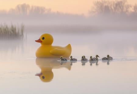 a giant yellow rubber duck being followed by ducklings. reflecting in the still waters, mist, dawn, reeds