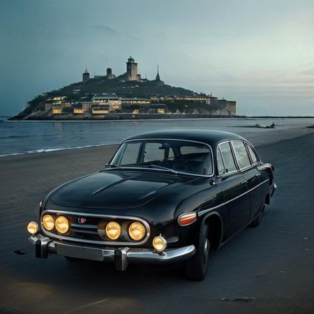 dark night, studio lights exclusive photo, car silver shiny <lora:tatra603:0.65> in dystopian thriller, ((masterpiece)) dramatic night, beach seaside