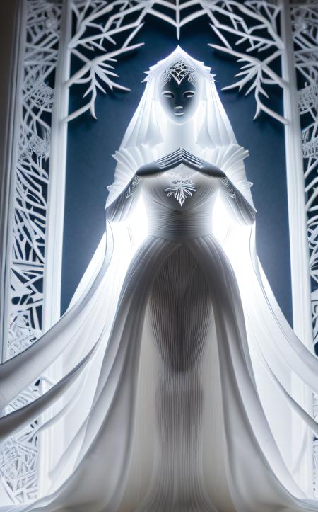 3D papercut shadow box of A breathtaking image of a ghostly woman in white robes, closeup, macro, highly detailed, high quality surreal image, movie poster style . Layered, dimensional, depth, silhouette, shadow, papercut, handmade, high contrast