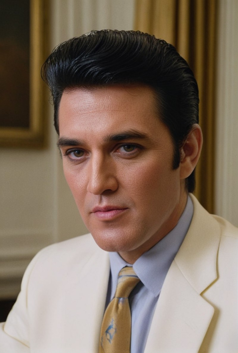 (Elvis Presley as US President from another dimension inside white house)(dodge and burn, corner edge darken vignette)(exp...