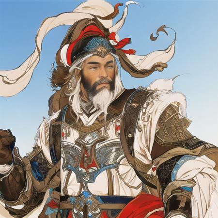 masterpiece, traditional_media, best quality, realistic, extremely detailed CG ,long beard,  1 boy, armor, old,  long sleeves, portrait,  <lora:xiyouchahua:0.6:1,1,1,1,1,1,1,1,0.6,0.2,0.5,1,1,1,1,1,1>,    solo,   very long beard,  ribbon,  cloud,  smoke, sky,[dark-skinned male:0.4],