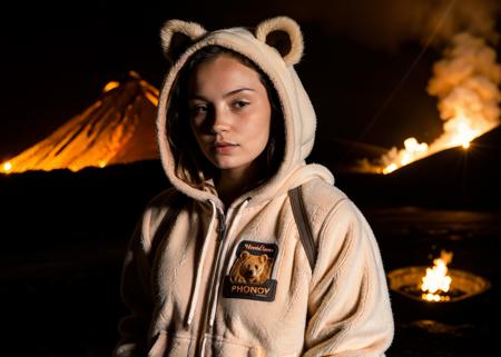 Photography, 22yo woman wearing a bear hoodie in a volcano, lifelike skin texture, dirt, skin pores, cinematic lighting, beautiful, still from a movie, best quality, high res, detailed  <lora:ASMRDarling_26:1>