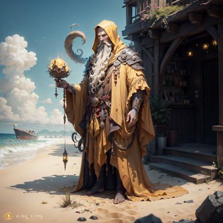 <lora:Hastur-000001:.7> Hastur, king in yellows, human form, beard, on a sunny beach