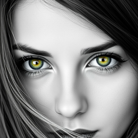 Selective Colouring photo of a close up of a womans face, green eyes monochrome