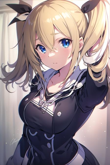 hinaearimura, <lyco:hinaearimura-LYCORIStest:1>,
hinae arimura, long hair, bangs, blue eyes, blonde hair, hair between eyes, twintails, hair ribbon, white ribbon, ribbon,
BREAK thighhighs, long sleeves, dress, collarbone, jacket, hood, black footwear, black dress, white thighhighs, zettai ryouiki,
BREAK looking at viewer, hands behind head,
BREAK indoors, classroom,
BREAK <lora:GoodHands-vanilla:1>, (masterpiece:1.2), best quality, high resolution, unity 8k wallpaper, (illustration:0.8), (beautiful detailed eyes:1.6), extremely detailed face, perfect lighting, extremely detailed CG, (perfect hands, perfect anatomy),