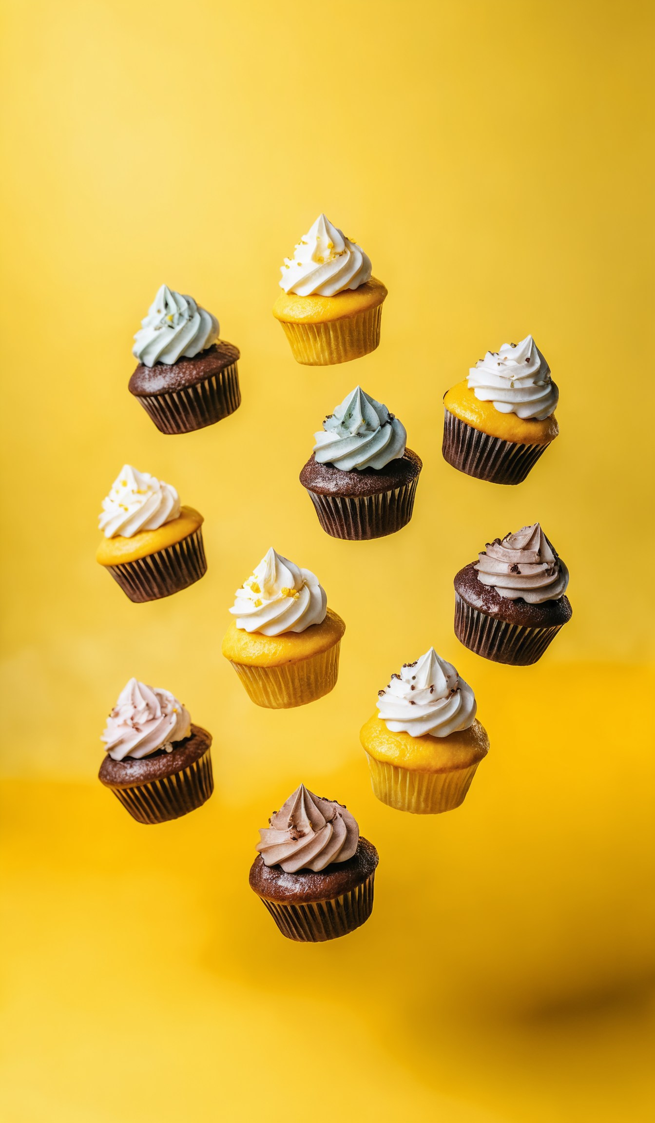 Cupcakes flying over yellow background, atmospheric image, professional color grading, simple look, unedited photography, natural, unassuming, simple style, award-winning, stunning, aesthetic, <lora:add-detail-xl:1>, <lora:SDXLHighDetail:1>