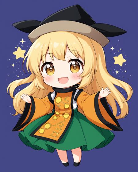 matara okina,transparent_background, 1girl, tabard, open_mouth, solo, green_skirt, hat, smile, chibi, wide_sleeves, blush_stickers, constellation_print, long_sleeves, black_headwear, blush, v-shaped_eyebrows, :3, full_body
<lora:matara_okina_image1460_2023-12-20-000014:1>,star-shaped_pupils,symbol-shaped_pupils,. gorgeous,key visual, vibrant, studio anime,award-winning, professional, highly detailed,high budget, cinemascope