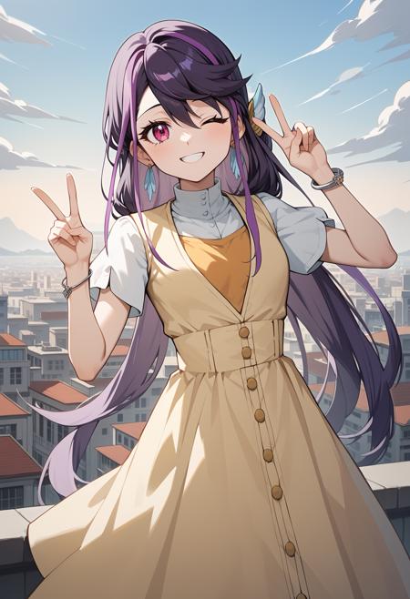 aaruri, long hair, multicolored hair, purple hair, hair ornament, earrings, pink eyes, grey shirt, white vest, brown belt, black pants aaruri, long hair, multicolored hair, purple hair, hair ornament, earrings, pink eyes, pinafore dress, yellow dress, short sleeves, bracelet