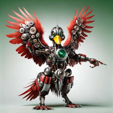 Duck cyborg, red feather wings,ral-rbtcprtz, ais-rbts, green head, happy, cute