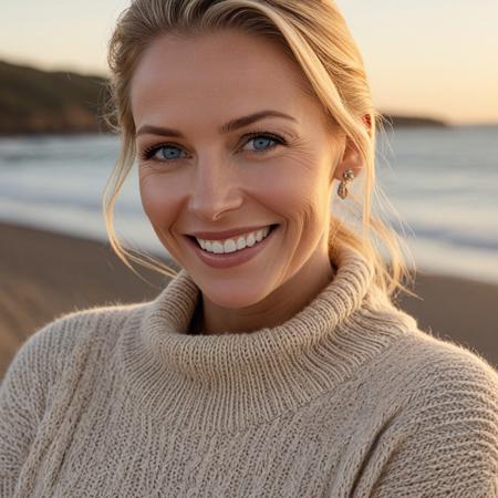 A hyper-detailed, high-resolution (8K) close-up portrait of a 40-year-old woman with sleek blonde hair tied back , wearing an oversized detailed beige knit sweater with delicate silver jewelry. Her striking blue eyes gleam with warmth, framed by delicate laugh lines that enhance her inviting charm. Subtle Wrinkles on her face, natural skin texture, Detailed natural skin, The background is a sunset beach, the golden hour, Shot with a Hasselblad H6D-100c medium-format camera, using a tight crop and shallow depth of field (f/2.8) to emphasize the fine details of her woolen sweater and natural skin texture. The lighting is warm and diffused, casting a golden glow reminiscent of a Thomas Kinkade painting.