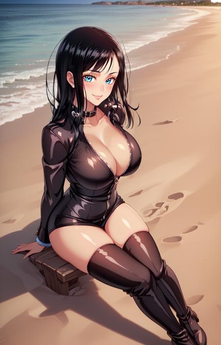 (masterpiece:1.2), (ultra-detailed:1.2), (perfect details), (extremely fine and beautiful:1.1), complex lighting, highres, (full body), 1girl, solo, looking at viewer,  <lora:Nico_Robin-000006v3:0.8>, (Nico Robin),  standing, (nose), (tan),(large breasts:1.2), cleavage,  skindentation, narrow waist, zipper, collar, high collar, black microdress, undershirt, shirt, smile, mascara, eyelashes, eyeshadow, blush, black legwear, kneehighs, thigh boots, 8k, hdr, raytracing, high detailed background, (beach, sunlight, ocean, sky, clouds), sitting, from above,