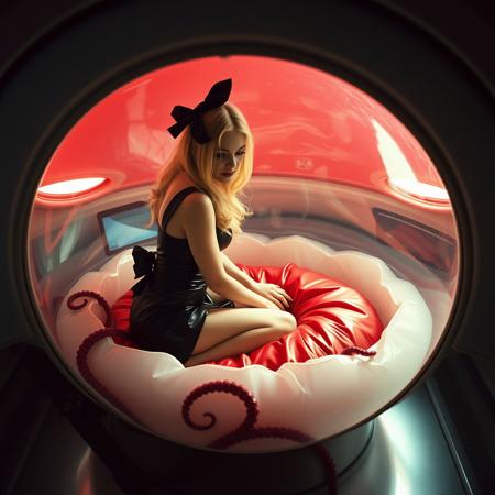 Beautiful blonde french maid is seen through giant observation blister of flying saucer. She wears flirty black glossy satin outfit and high heels, kneeling, positioned inside transparent slime egg,  at giant red foil pillow in center of flying saucer cabin. entangled with tentacles  Cinematic film still, shot on v-raptor XL, film grain, vignette, color graded, post-processed, cinematic lighting, 35mm film, live-action, best quality, atmospheric, a masterpiece, epic, stunning, dramatic. view  from above, view outside flying saucer