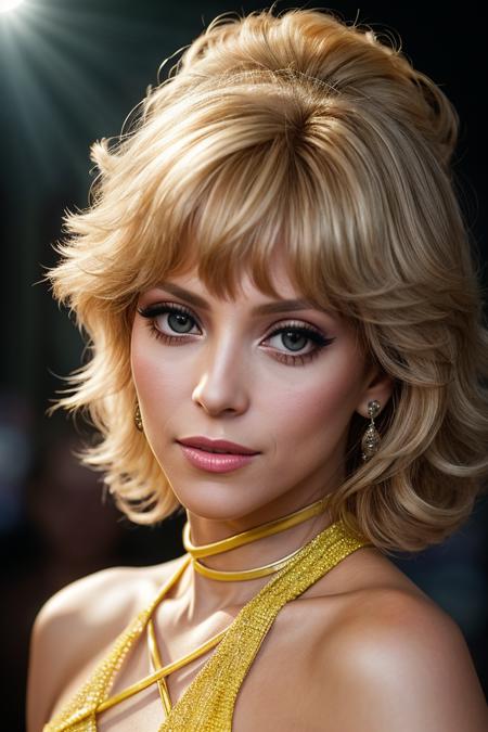 photo of beautiful (jl4nders:0.99), a woman in a (movie premiere gala:1.1), perfect hair, wearing yellow (criss-cross halter:1.1),  ((Tinkercore:1.1)), (slightly open mouth), modelshoot style, (extremely detailed CG unity 8k wallpaper), professional majestic (photography by  tim walker:1.1), (Canon EOS R6 Mirrorless Camera), 24mm, exposure blend, hdr, faded, extremely intricate, High (Detail:1.1), Sharp focus, dramatic, soft cinematic light, (looking at viewer), (detailed pupils), (upper body), 4k textures, soft cinematic light, adobe lightroom, photolab, elegant, ((((cinematic look)))), soothing tones, insane details, hyperdetailed, low contrast