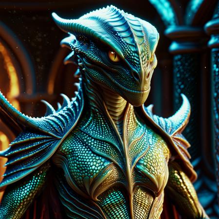 ancient dragonkin sorcerer, shimmering reptile skin, magical aura, fantasy robe integrated with scales, glowing veins beneath skin, ultra-detailed facial scales, reptilian eyes, cinematic fantasy setting, enchanted light, 8k render, epic fantasy concept art, aidmamj6.1,
