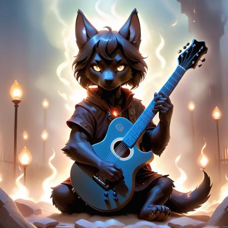 ethereal fantasy concept art of  (Highest Quality, 4k, masterpiece:1.1), (realism, photorealistic:1.4), ray traced, hyper realism, soft lighting, detailed background, film grain, (detailed fur texture:1.3),
BREAK
((black metal)) anthro shiba inu plays his guitar on the last day on earth ,(wearing black metal outfit),(( post-apocalyptic destroyed dieselpunk city background)) , fangs , angry, paws,(new dawn), (aurora borealis) , closeup, high quality photography, 3 point lighting, flash with softbox, 4k, Canon EOS R3, hdr, smooth, sharp focus, high resolution, award winning photo, 80mm, f2.8, bokeh . magnificent, celestial, ethereal, painterly, epic, majestic, magical, fantasy art, cover art, dreamy