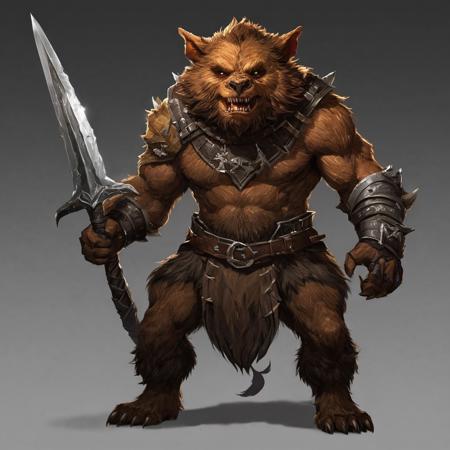 create an image of a young adult bugbear (from dnd 5e) with dark ruddy brown fur covering most of his body of light tan skin. His facial features are very angular, 
sharp, 
and goblin-like and can be very intimidating despite his efforts in smiling to appear otherwise. Incredibly strong build with disproportionately long arms. Wearing steel splint armor and wielding an adamantine glaive.