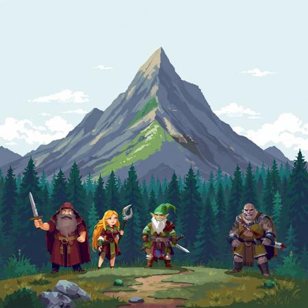 pixel art. fanstay landscape with a mountains and a forrest in the backround. The sky is clear only a few coulds can be seen. In front you can see a advernture group. THe group has a male wizzard with a long beard. a femal warrior. A male elf thief. a fewmle dwarf blacksmth and a ork male ranger. They all are happy and havinf fun, after a long adeventure in the dungeon