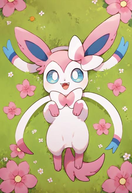 SYLV30N, white body, pink paws, pink tail, pink ears, long ears, blue inner ears, ribbon, bow, ribbon-like feelers, quadraped, light blue eyes, colored sclera blue sclera animal focus chibi