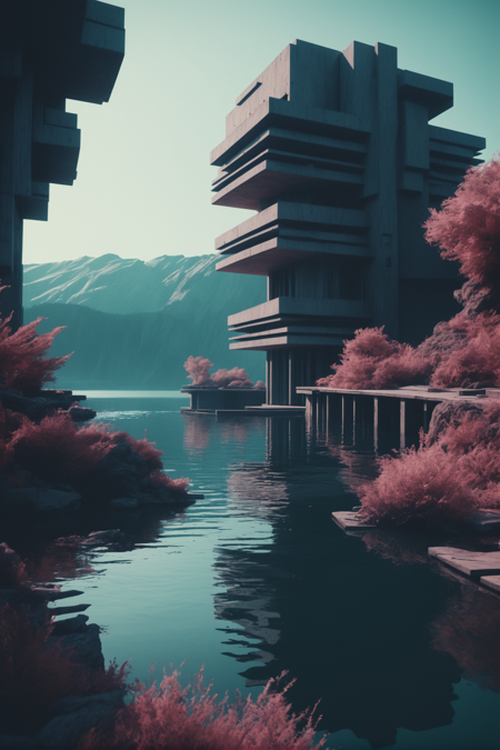 technobrutalist, cinematic color grading, fantasy, Lake<lora:EnvyTechnobrutalistXL01:0.5>