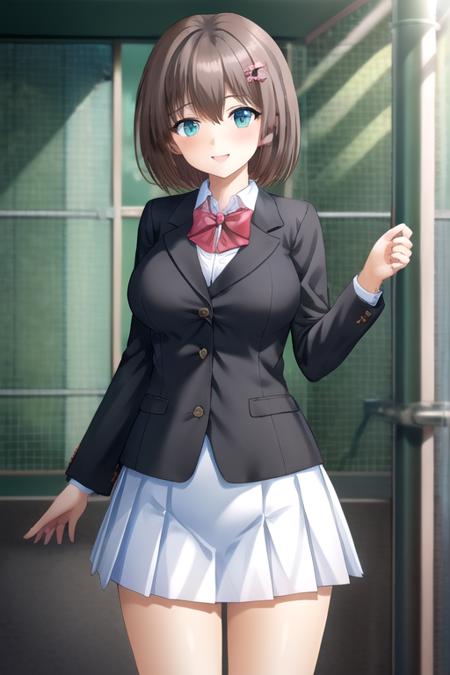 Otobe Wakana short hair,brown hair,hair ornament,hairclip,hair bow,pink bow,hair between eyes,bangs,aqua eyes school uniform,black jacket,blazer,red bowtie,white shirt,collared shirt,long sleeves,large breasts,skindentation,miniskirt,white skirt,pleated skirt,black socks,loafers,black footwear