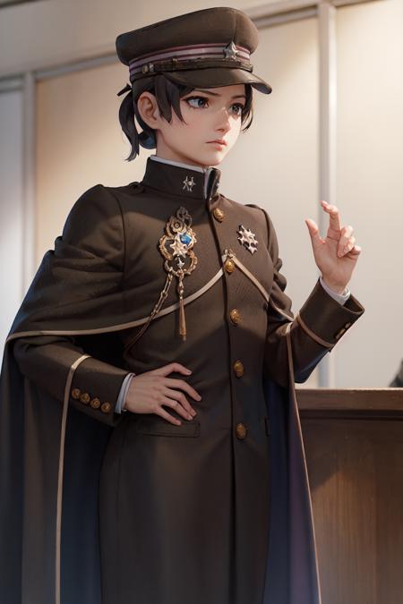 (masterpiece, best quality:1.2), <lora:gaa_susato-10:0.8>, cowboy shot, solo, 1girl, susato mikotoba, expressionless, looking afar, black headwear, hat, black military uniform, black gakuran, black cape, courtroom