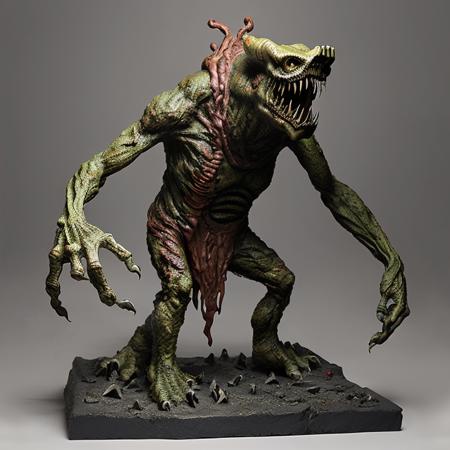 epic sculpture of a monster, accent lighting, fiery, spooky atmosphere, by kris kuksi, intricate, detailed