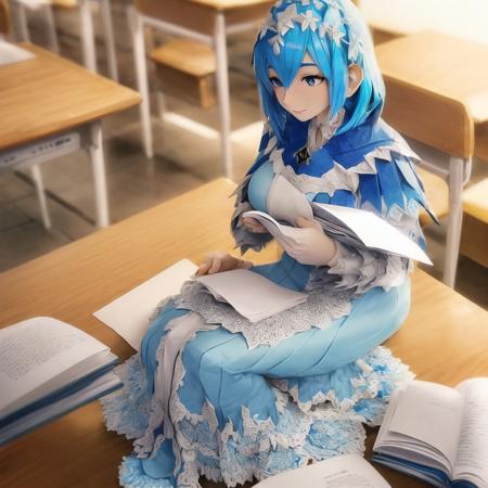 materpiece, best quality, ultra-detailed, made of paper, a beautiful origami girl reading a book,sitting, curvy hair, blue hair, beautiful face, full body, (in a classroom:1.2), colourful flowers, <lora:origamiV1:0.8>