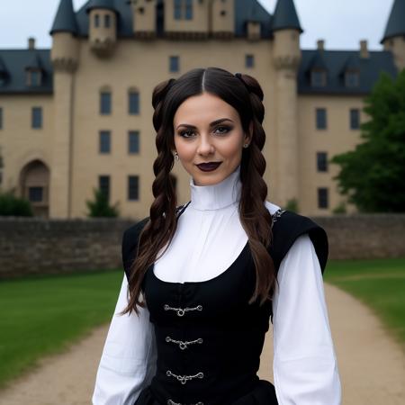 photo of (ohwx woman) as Wednesday Adamas, wearing gothic clothes, braided pigtails, in a castle, sharp focus, looking at the camera, makeup, cinematic look, <lora:VictoriaJustice:1>