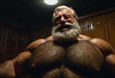 (photo, realistic, raw), (nighttime, at night, dark, dark hard shadows, cinematic atmosphere, movie grain, hazey atmosphere), closeup from below, (etherial, spiritual, emperor, king, god), old burly buff gentleman with beard, old manly mature man, steroid musclegod, combed back hair,  doublechin, old hairy tanned grandpa, wrinkly neck, hairy chest, proud big hairy chest, thick neck, hairy armpits, tanned skin, tight golden spandex, gold jewellery, gold necklace, in a dark locker room at night, nighttime, gentle loving smile, intimite situation, romantic atmosphere,
