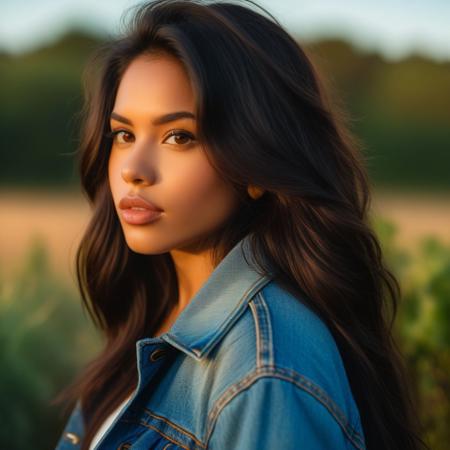 A close-up, outdoor portrait of a young woman with long dark hair, looking over her shoulder directly at the camera with a calm yet piercing expression. She wears a denim jacket that highlights her casual style, with the fabric texture adding a rugged touch. Her makeup is subtle, accentuating her large, dark eyes and full lips. The lighting is natural and soft, capturing the golden tones of early sunset or dawn, with cool shadows adding depth to her face and hair. The blurred background features soft greenery and distant structures, creating a serene yet slightly mysterious atmosphere, focusing on her gaze and profile.
