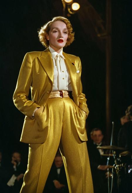 Marlene Dietrich on stage at the Olympia casino in Paris. 1950, Gold trouser suit. Close-up, Stage lighting. cinematic