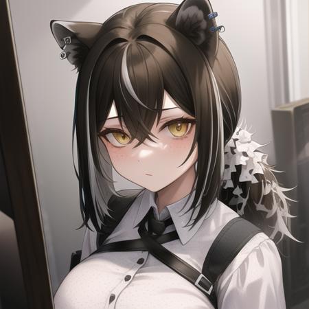 masterpiece,best quality,absurdres,highres,1girl,solo,upper body,(portrait:1.2),cross_tie,animal_ears,raccoon_ears,freckles,white_shirt,black_shorts,polka_dot_shirt,long_hair,brown_hair,shoes,legwear_under_shorts,long_sleeves,looking_at_viewer,large_breasts,yellow_eyes,collared_shirt,ponytail,raccoon_girl,hair_between_eyes,black_footwear,shirt_tucked_in,multicolored_hair,white_hair,high-waist_shorts,ear_piercing,brown_pantyhose,streaked_hair,bangs,<lora:Robin(ark)>,