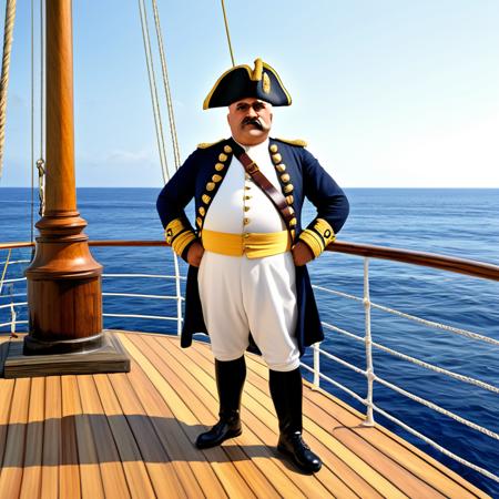 Full body in frame, from head to toe, wide angle view, distant camera, long shot, wide shot.  wooden deck extending below, ocean horizon far below.
A fat middle-aged Turkish-German man standing confidently on the bow of a large wooden sailing ship, at sea.  Serious expression on his face.
He is wearing a detailed 19th century navy officer uniform with golden epaulettes, a blue coat, brass buttons, and a tricorn hat.  
Strong physical body, musclechub, burly, thick arms and legs, barrel chest.  big muscles.
Masculine square face, big nose, thick eyebrows, broad chin.  dark tanned, glistening skin.
Realistic lighting, moonlight, 8k, photorealistic, ultra detail, clothes and body details
 <lora:Better_expressionsH:0.6> <lora:detailed_notrigger:0.7> <lora:Walrus_Mustaches:0.6>