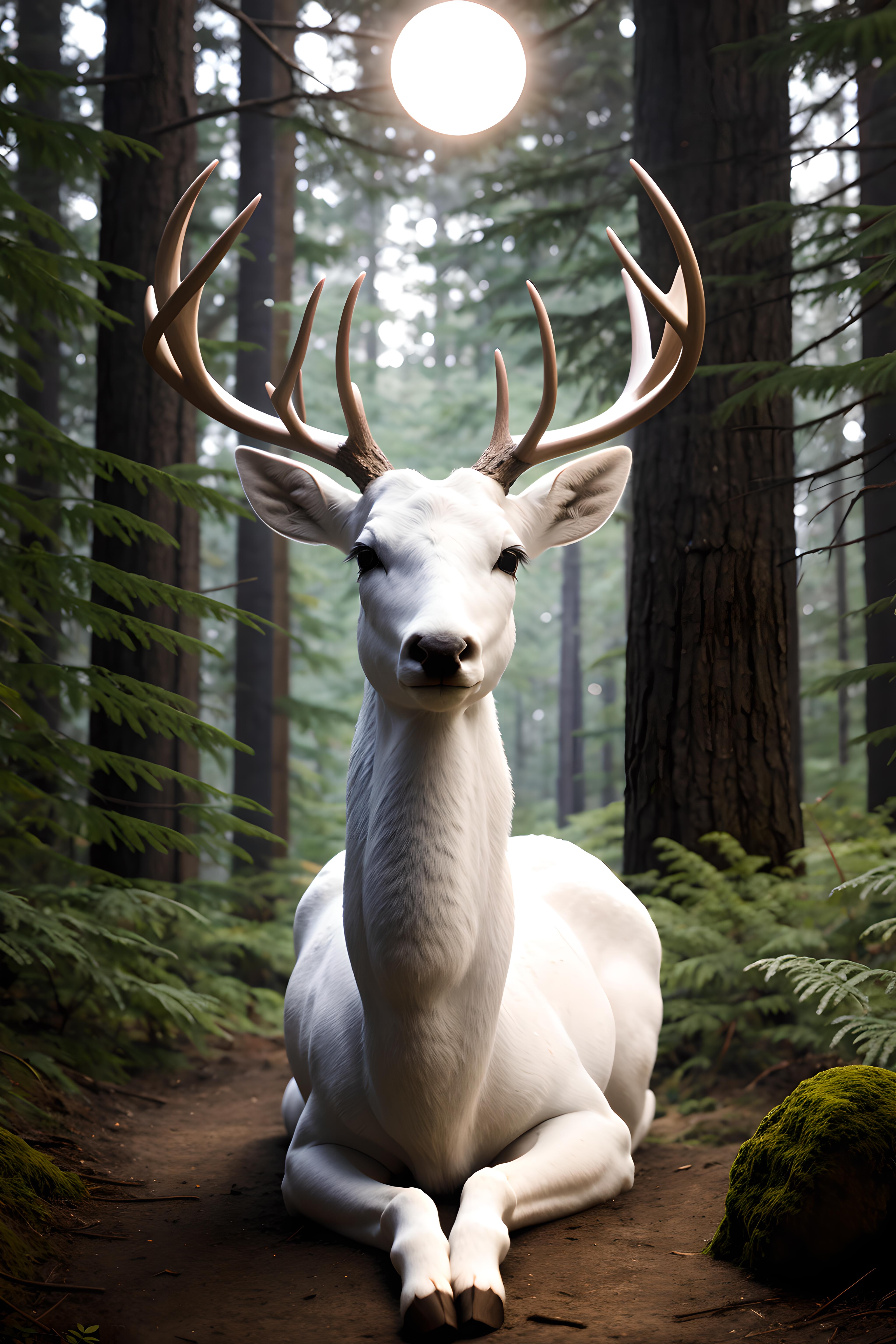 A beautiful white deer with large antlers standing in a forest.